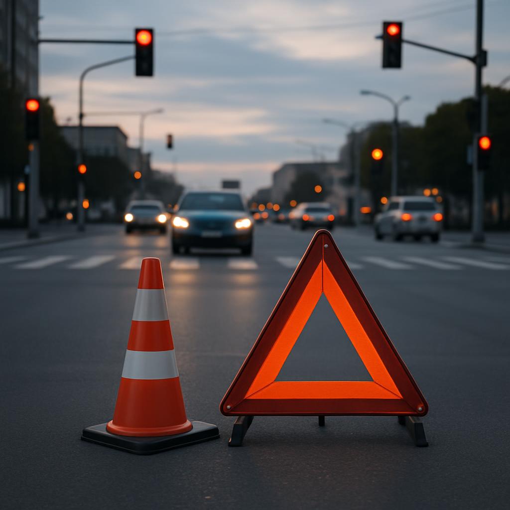 A road in the background with a fluorescent orange and white traffic cone next to a red triangular flashing warning blinke...