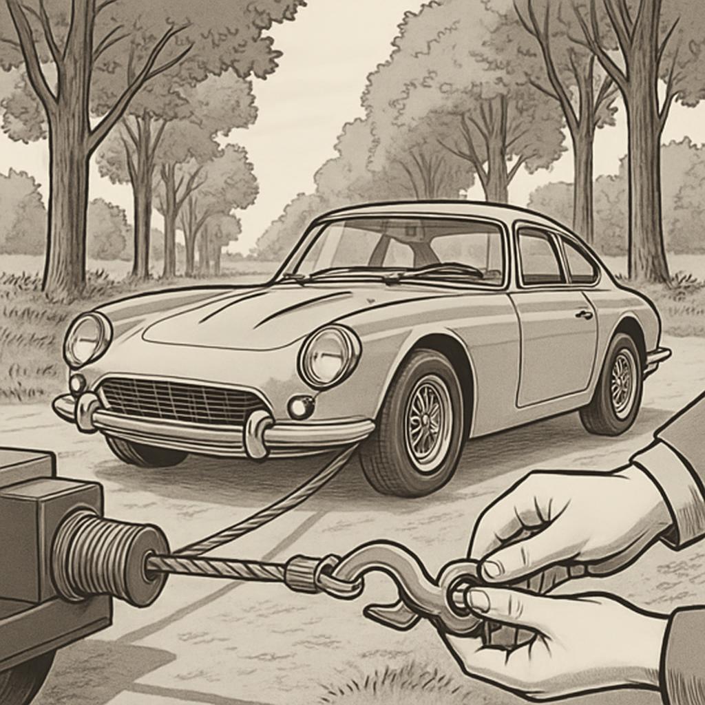The image depicts a vintage car being towed through a wooded area.