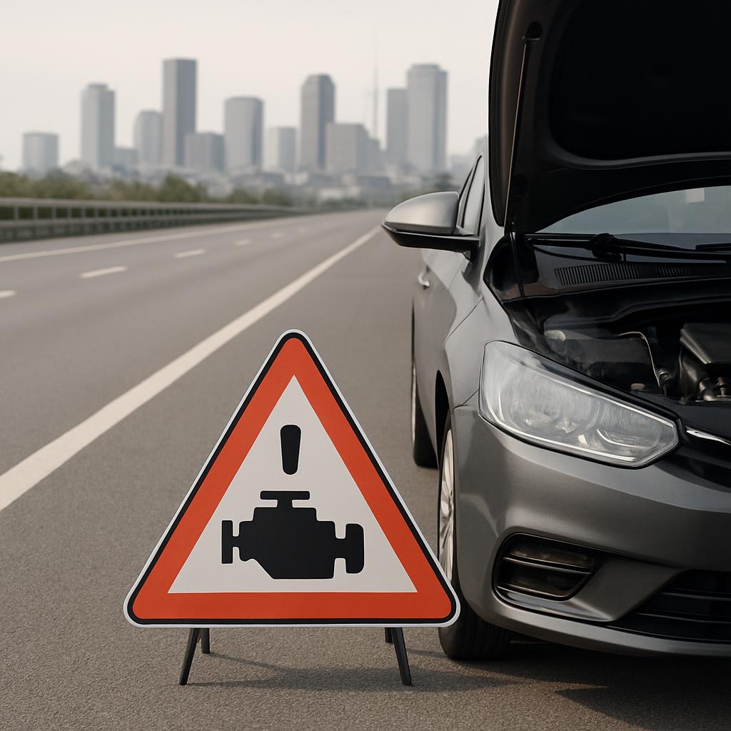 Photo of a warning sign displaying the engine symbol next to a car on the side of a road, possibly broken down due to an e...