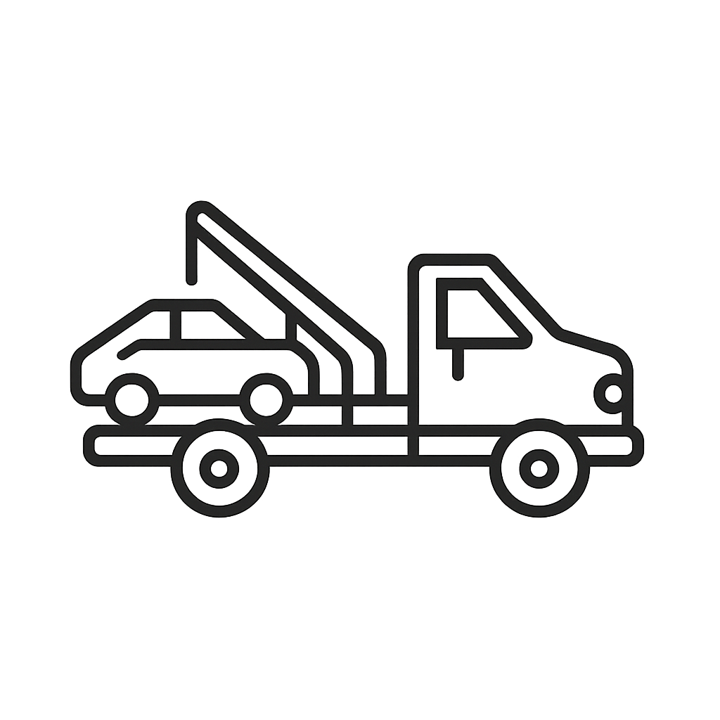 A simple, one-colored black truck icon featuring a car being transported, accompanied by an arrow pointed upwards.